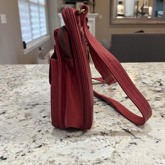 Fossil Red Leather Crossbody Tote Organizer Bag ID Window Key Charm Y2K Purse - Picture 7 of 16